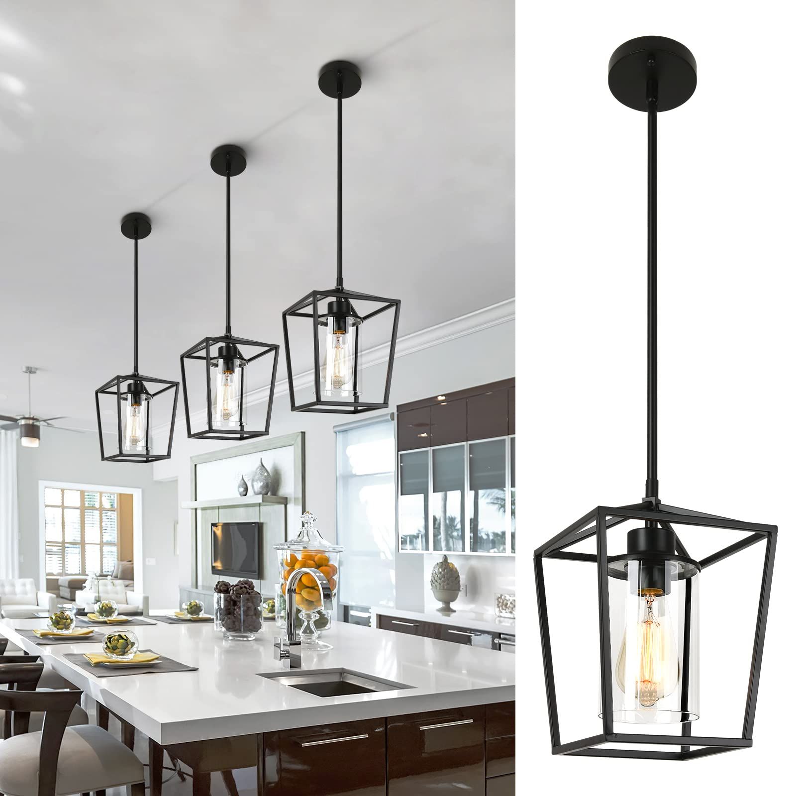 Best And Newest 1 Light Black Pendant Light Fixture Farmhouse Iron Cage Metal Pendant Light  Lantern Hanging Light Fixtures With Clear Glass Shade For Kitchen Island,  Entryway, Dining Room, Hallway – – Amazon Within Clear Glass Lantern Chandeliers (View 8 of 10)