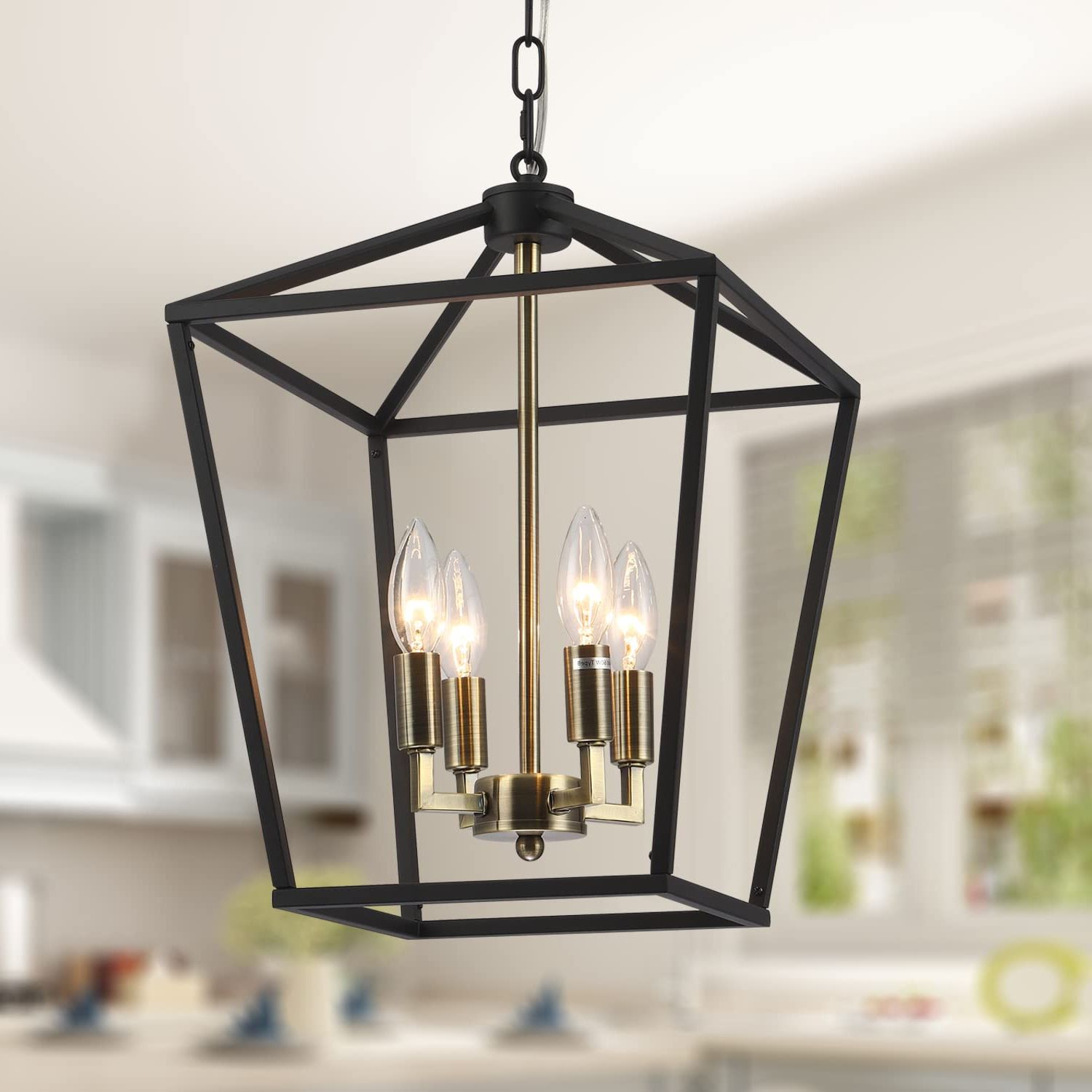 Black Farmhouse Chandelier For Dining Room Kitchen Entryway 4 Light Rustic  Farmhouse Pendant Light Fixtures, Industrial Cage Lantern Hanging Lighting  With E12 Base – – Amazon For Most Up To Date Rustic Black Lantern Chandeliers (View 2 of 10)