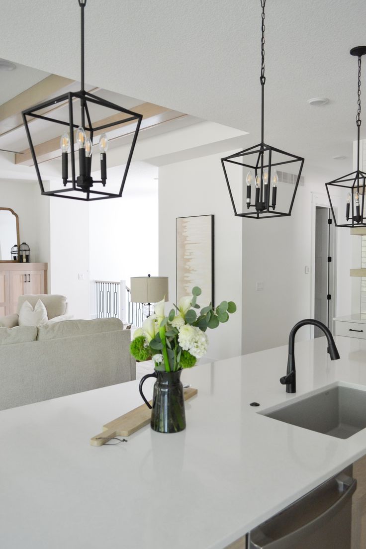 Black With White Lantern Chandeliers Within Trendy White And Black Modern Farmhouse Kitchen (View 9 of 10)
