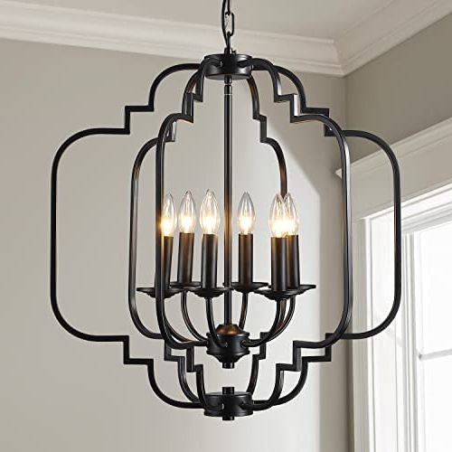 Blackened Iron Lantern Chandeliers In Most Popular Saint Mossi Black Farmhouse Chandelier With 6 Lights,lantern Metal Pendant  Lighting For Dining Room,living Room,kitchen,foyer,w23"x H26" With  Adjustable Chain – – Amazon (View 10 of 10)