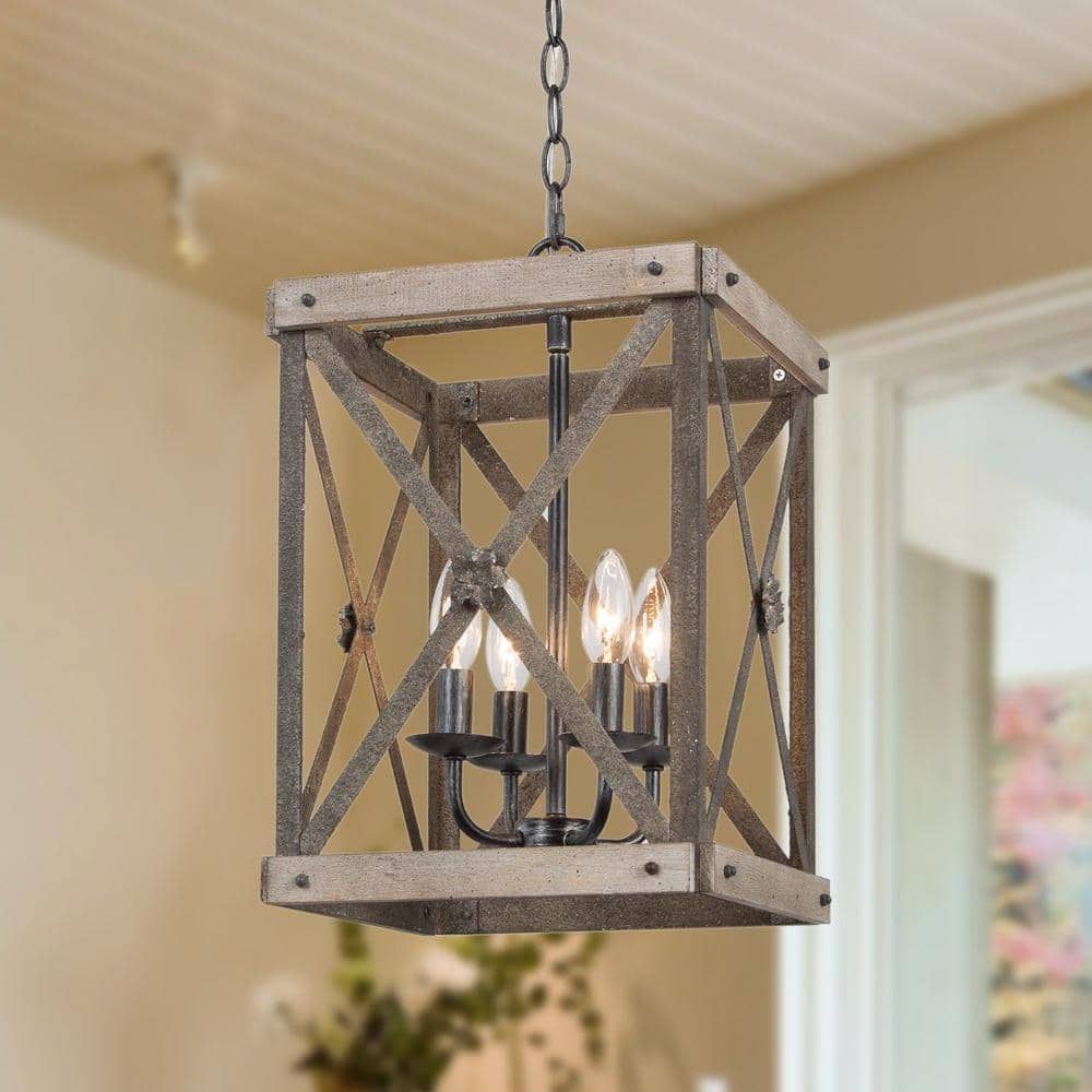 Brown Wood Lantern Chandeliers With Regard To Favorite Lnc Wood Chandelier 4 Light Candlestick Island Farmhouse Brown Lantern Cage  Geometric Rustic Square Pendant Chandelier Jvf6rehd14003g7 – The Home Depot (View 8 of 10)