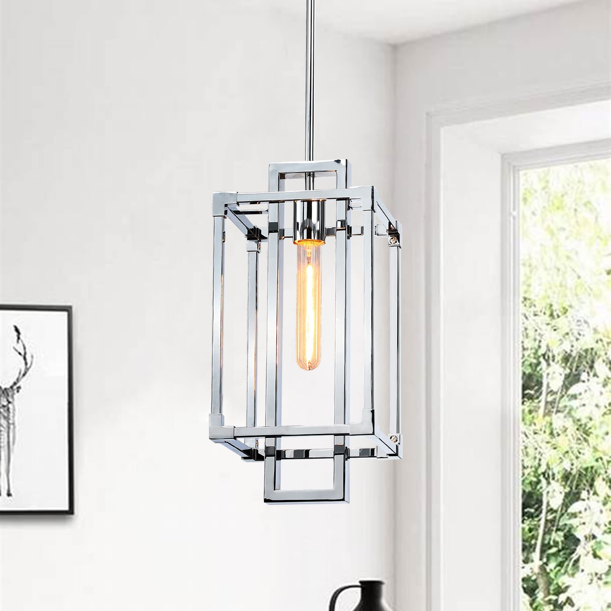 Bunkos 1 Light Lantern Pendant Light In Chrome Finish, Geometric Hanging  Light Fixture, 8" Farmhouse Chandelier For Kitchen Island Foyer Hallway,  Adjustable Height, T10 Bulb Included – – Amazon Throughout Most Recent One Light Lantern Chandeliers (View 5 of 10)