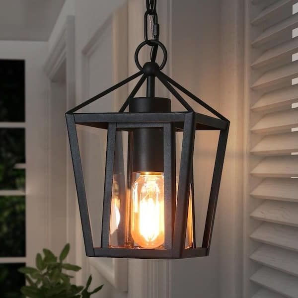 Clear Glass Shade Lantern Chandeliers Within Popular Uolfin Modern Black Outdoor Pendant Light, Arie 1 Light Farmhouse Cage  Outdoor Lantern Pendant Light With Clear Glass Shade L7aanuhd243667n – The  Home Depot (View 8 of 10)
