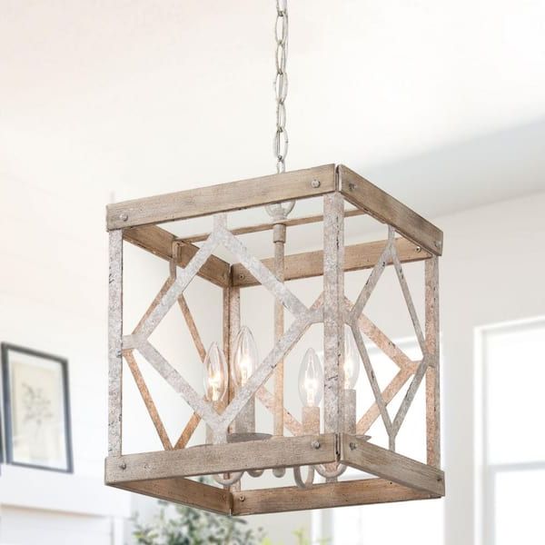 County French Iron Lantern Chandeliers Throughout Most Up To Date Lnc Farmhouse Cage Chandelier, 4 Light Gray French Country Wood Lantern  Square Pendant Chandelier With Rustic Metal Accents 26nmv3hd14011t7 – The  Home Depot (View 8 of 10)