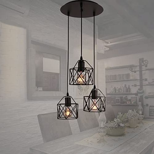 Current Cage Metal Shade Lantern Chandeliers Inside Unitary Brand Rustic Black Metal Cage Shade Farmhouse Pendant Lighting For  Kitchen Island With 3 E26 Bulb Sockets, Industrial Hanging Lights, Dining  Room Pendant Light Fixture – – Amazon (View 5 of 10)