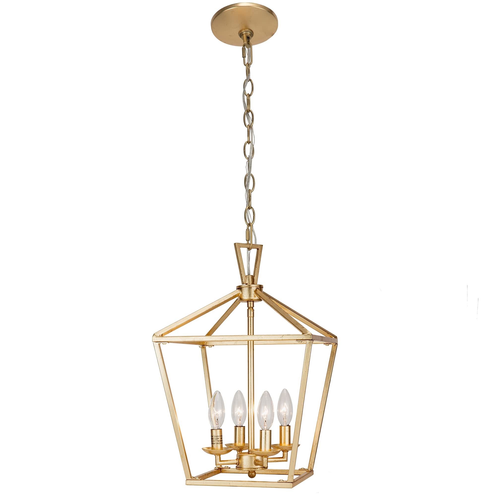 Current Gold Leaf Lantern Chandeliers With Regard To Untrammelife 4 Light Aged Gold Lantern Pendant Light, Adjustable Height  Metal Geometric Light Fixture 12'' Classic Cage Lantern Chandelier For  Kitchen Island Hallway, Hand Pasted Gold Foil Finish – – Amazon (View 4 of 10)