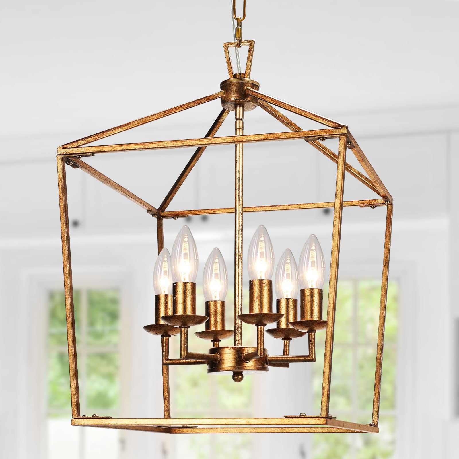 Current Rusty Gold Lantern Chandeliers Throughout Gold Chandelier Lantern Light Fixtures – 6 Light Retro Foyer Pendant Light,  Rustic Pendant Lighting For Kitchen Island, Hang Lighting With Adjustable  Chain, Hand Pasted Gold Foil Finish – – Amazon (View 1 of 10)