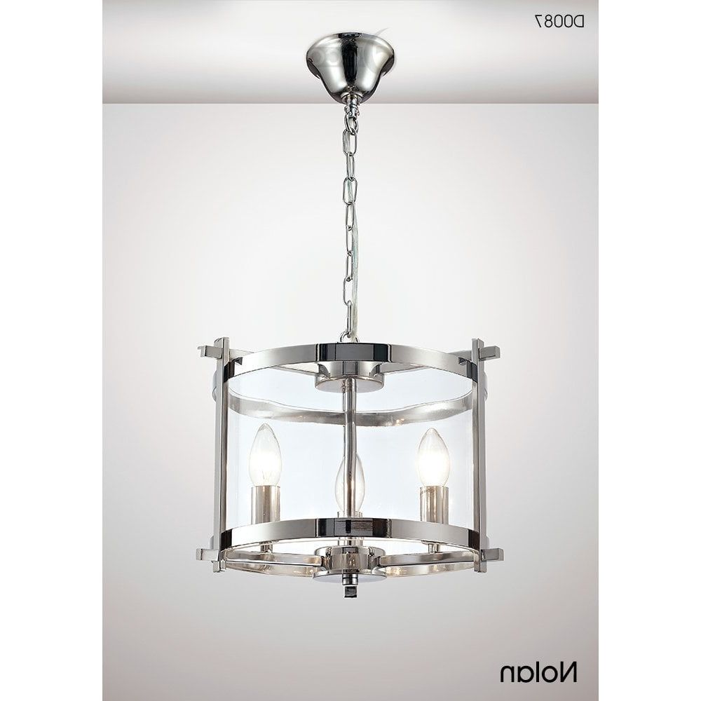 Deco Polished Nickel Lantern Chandeliers Intended For Famous Deco D0087 Nolan Lantern 3 Light Small Ceiling Pendant In Polished Chrome  Finish With Clear Glass N21517 – Indoor Lighting From Castlegate Lights Uk (View 8 of 10)