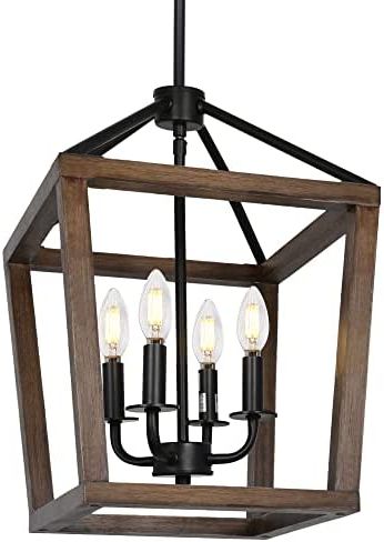 Famous Distressed Oak Lantern Chandeliers Within 4 Light Rustic Chandelier, Classic Lantern Pendant Light With Oak Wood And  Iron Finish, Farmhouse Lighting Fixtures For Dining Room, Kitchen, Hallway  – – Amazon (View 3 of 10)