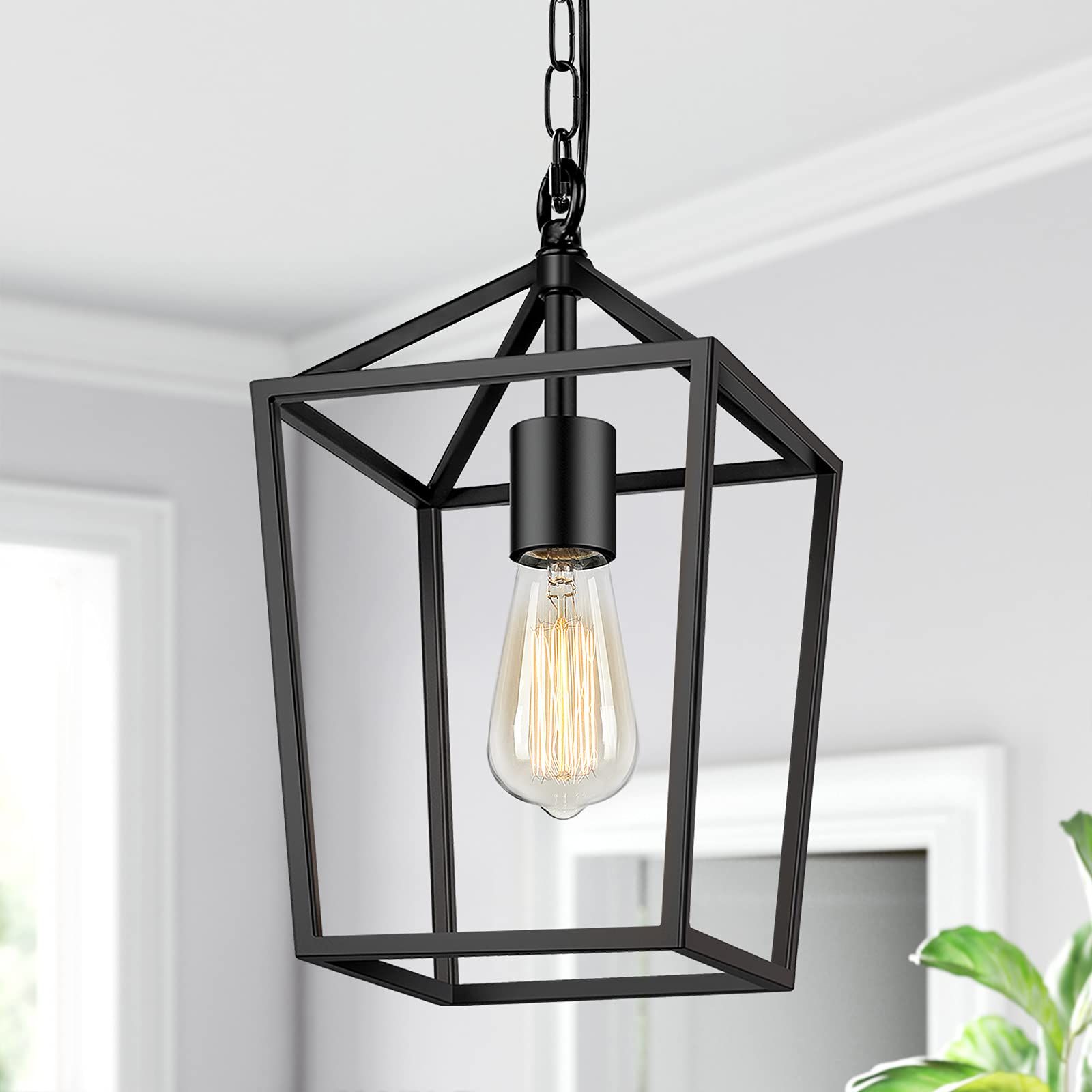 Farmhouse Black Pendant Light For Kitchen Island Industrial Hanging Lantern  Fixture Modern Metal Cage Lamp Chandelier Lighting For Dinning Room  Hallway, 49in Adjustable Chain For Flat & Sloped Ceiling – – Amazon Regarding 2020 Flat Black Lantern Chandeliers (View 5 of 10)