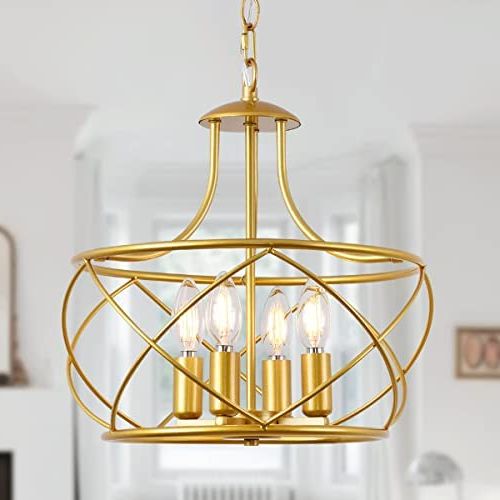 Fashionable 4 Light Gold Lantern Pendant Light,antique Gold Chandelier,modern Drum  Light Fixture Adjustable Height Foyer Light Fixtures Warm Brass Finish For  Dining Room Living Room Foyerbedroom Kitchen – – Amazon With Regard To Antique Gold Lantern Chandeliers (View 4 of 10)
