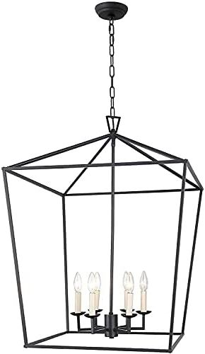 Fashionable Black Iron Lantern Chandeliers Within W24" X H34" 6 Light Steel Cage Large Lantern Iron Art Design Candle Style Chandelier  Pendant, Foyer,hallway,ceiling Light Fixture Steel Frame Cage (black) – –  Amazon (View 8 of 10)