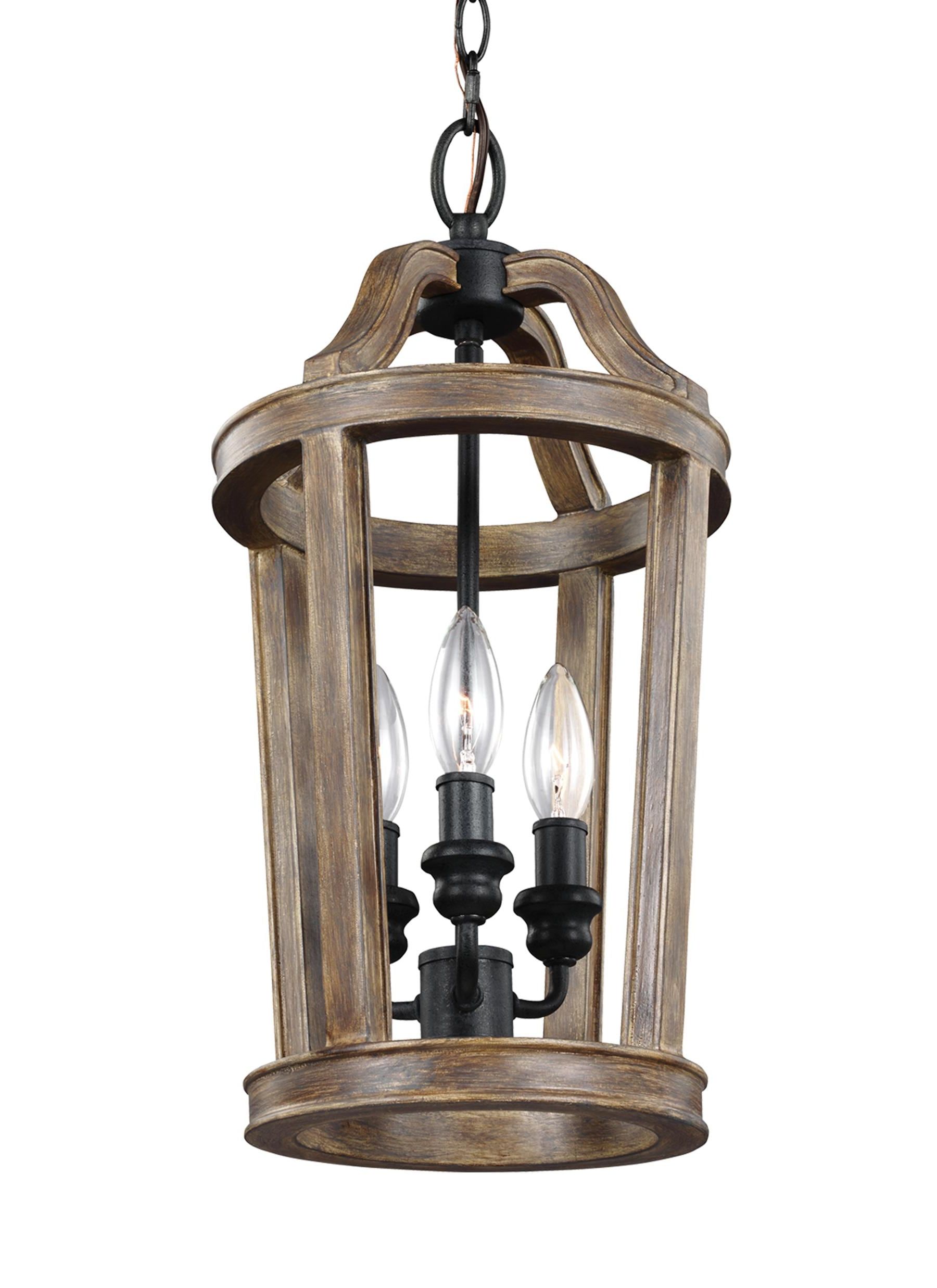 Fashionable Feiss Lorenz 3 Light Weathered Oak Wood Transitional Lantern Pendant Light  At Lowes Intended For Weathered Oak Wood Lantern Chandeliers (View 5 of 10)