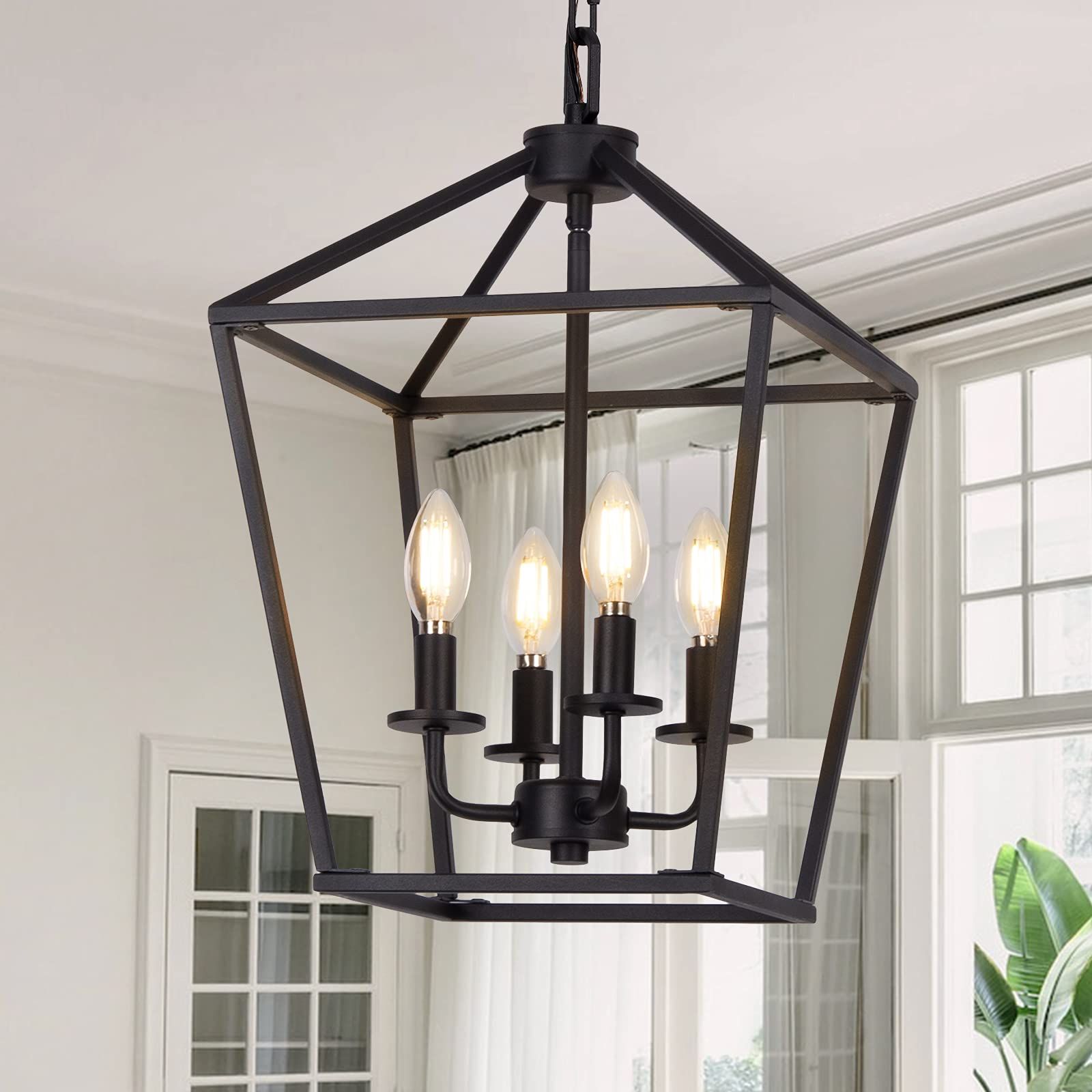 Fashionable Four Light Lantern Chandeliers In 4 Light Pendant Lighting, Industrial Ceiling Light Black Lantern Chandelier  With Farmhouse Metal Cage Adjustable Height Rustic Geometric Hanging Light  E12 Base For Kitchen Island, Bedroom Or Entryway – – Amazon (View 2 of 10)
