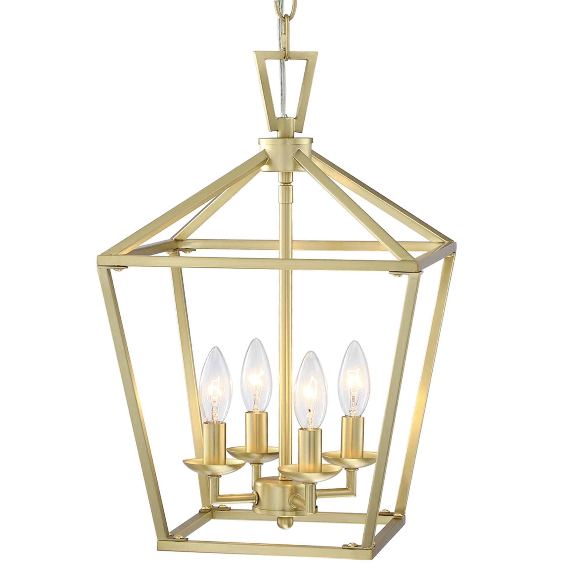Fashionable Gild One Light Lantern Chandeliers Within Untrammelife Gold Lantern Chandelier 4 Light Pendant Light Modern Hanging Pendant  Light Fixtures In Brushed Brass Finish, Adjustable Metal Chain Geometric  Chandelier For Kitchen Island Stair Foyer – – Amazon (View 4 of 10)