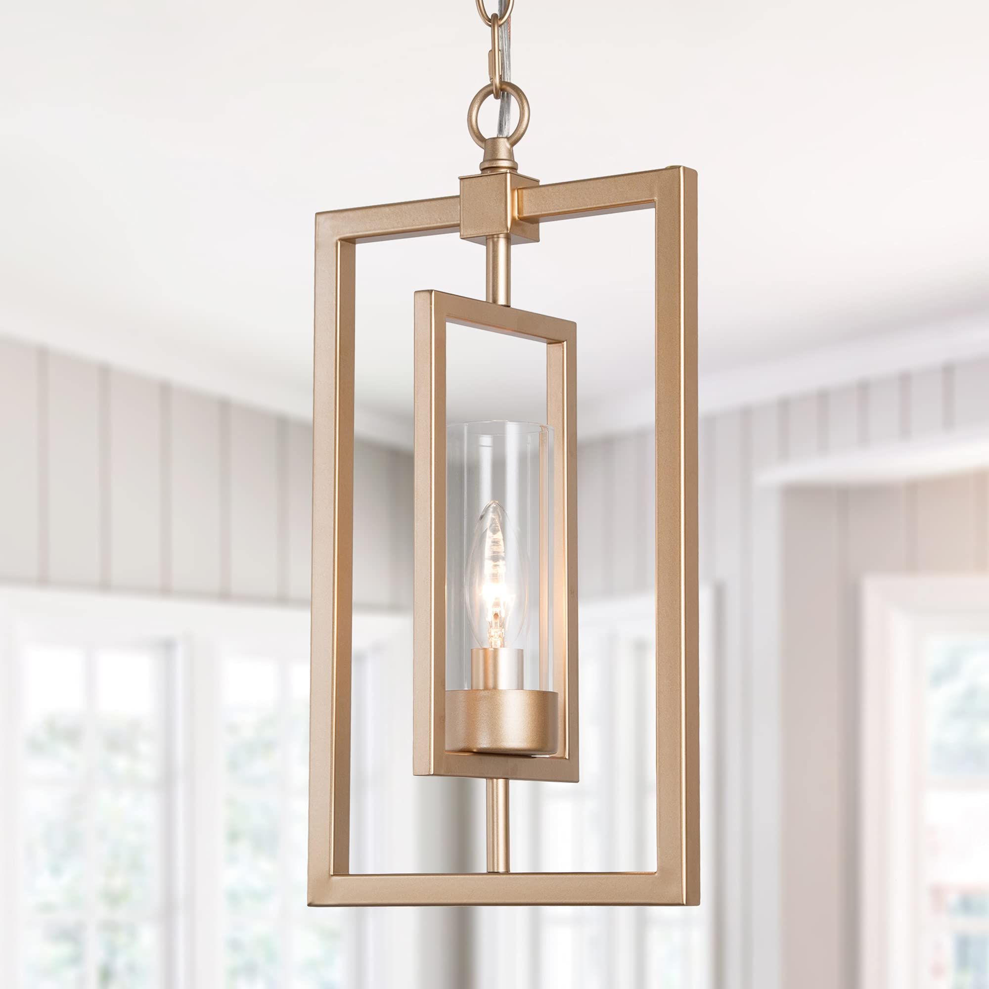 Fashionable Optimant Lighting Gold Pendant Lighting For Kitchen Island, 1 Light Modern  Glass Pendant Chandelier Light Fixture With Chain Framework Adjustable For  Dining & Living Room Bedroom Foyer Hallway (e12) – – Amazon With Gild One Light Lantern Chandeliers (View 5 of 10)