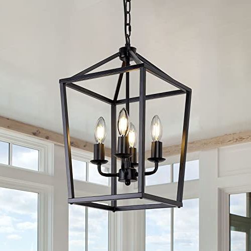 Favorite 4 Light Black Farmhouse Chandelier Light Fixture Iron Lantern Pendant Light  Metal Cage Kitchen Hanging Light Fixtures For Kitchen Island, Dining Room,  Entryway, Foyer, Hallway – – Amazon With Regard To Four Light Lantern Chandeliers (View 4 of 10)