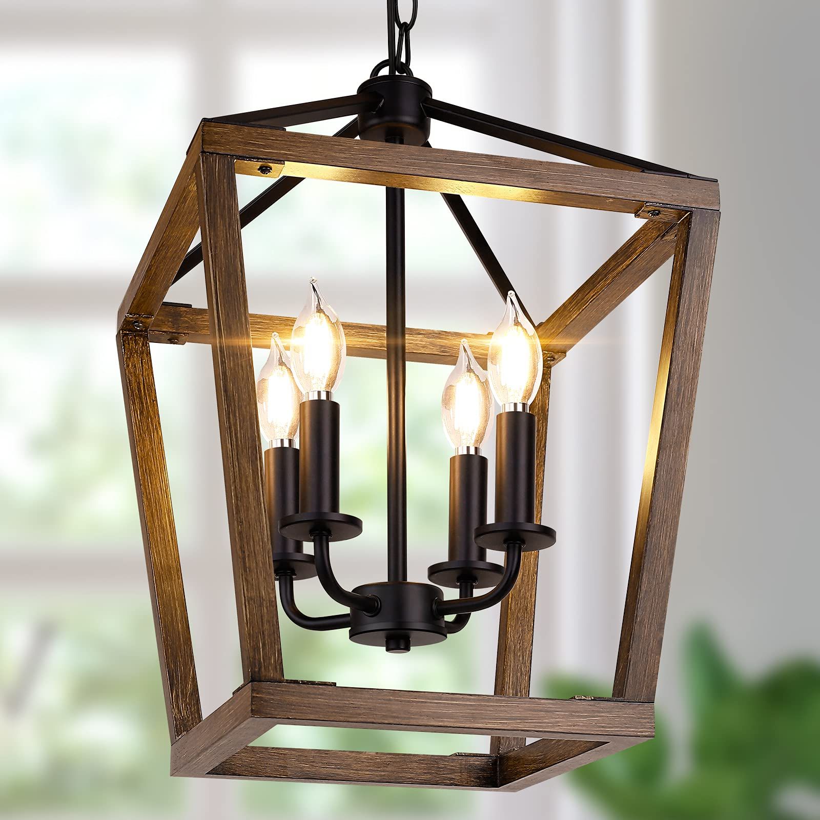 Favorite Adjustable Lantern Chandeliers Regarding Farmhouse Chandelier Light Fixture For Kitchen Dining Room, 4 Light Rustic  Pendant Hanging Ceiling Light Height Adjustable In Oak Wood Finish, Cage Lantern  Lighting With E12 Base For Hallway Foyer – – Amazon (View 4 of 10)
