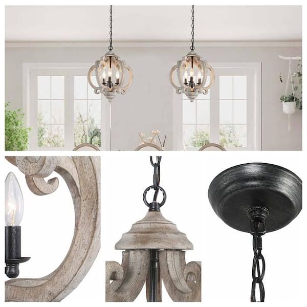 Favorite Gray Wash Lantern Chandeliers With Regard To Lnc Globe Wood Chandelier Washed Gray Round Pendant 3 Light Farmhouse  Candlestick Chandelier Rustic Hanging Lantern B7jbezhd14140t7 – The Home  Depot (View 9 of 10)
