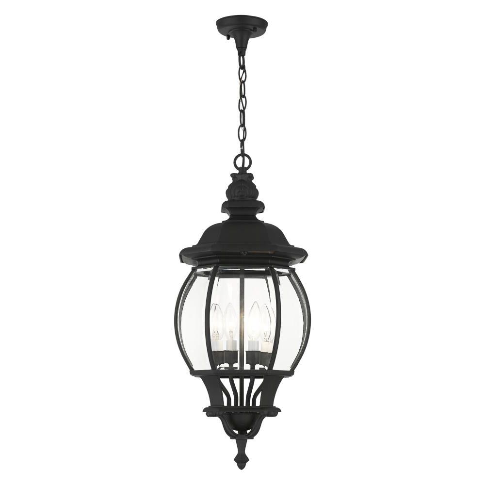 Favorite Livex Lighting Frontenac 4 Light Textured Black Traditional Beveled Glass  Lantern Outdoor Pendant Light In The Pendant Lighting Department At  Lowes In Textured Black Lantern Chandeliers (View 10 of 10)