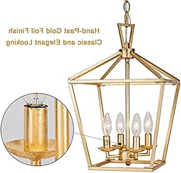 Gold Leaf Lantern Chandeliers For Well Liked Untrammelife 4 Light Aged Gold Lantern Pendant Light, Adjustable Height  Metal Geometric Light Fixture 12'' Classic Cage Lantern Chandelier For  Kitchen Island Hallway, Hand Pasted Gold Foil Finish – – Amazon (View 8 of 10)