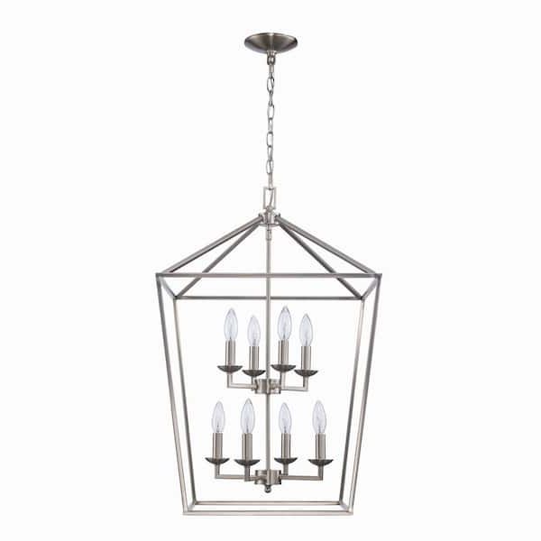 Home Decorators Collection Weyburn 8 Light Brushed Nickel Caged Farmhouse  Chandelier For Dining Room, Lantern Kitchen Light 86201 Bn – The Home Depot With Regard To Well Liked Eight Light Lantern Chandeliers (View 5 of 10)