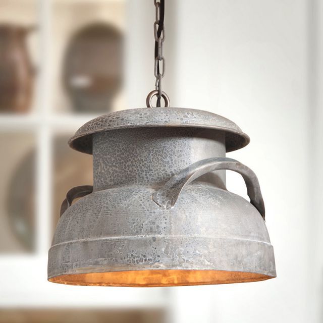 Irvins Tinware: Milk Can Pendant In Weathered Zinc Throughout Fashionable Weathered Zinc Lantern Chandeliers (View 8 of 10)