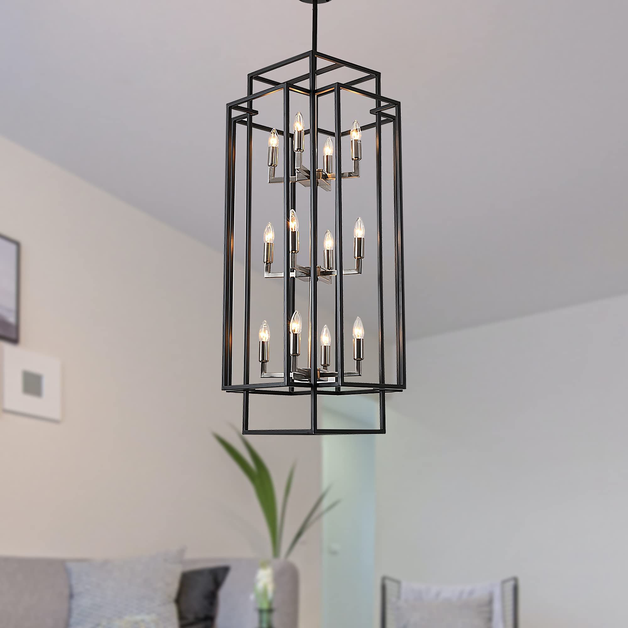 J&e Home 12 Light Lantern Tiered Pendant Light Fixtures,island Light,hall  Foyer Hanging Chandelier,wrought Iron Finish For Kitchen Island Farmhouse  Entryway Brushed Nickel, Black Grey – – Amazon Throughout 2019 12 Light Lantern Chandeliers (View 3 of 10)