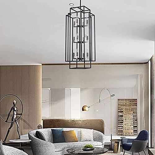 J&e Home 12 Light Lantern Tiered Pendant Light Fixtures,island Light,hall  Foyer Hanging Chandelier,wrought Iron Finish For Kitchen Island Farmhouse  Entryway Brushed Nickel, Black Grey – – Amazon Inside Newest 12 Light Lantern Chandeliers (View 2 of 10)