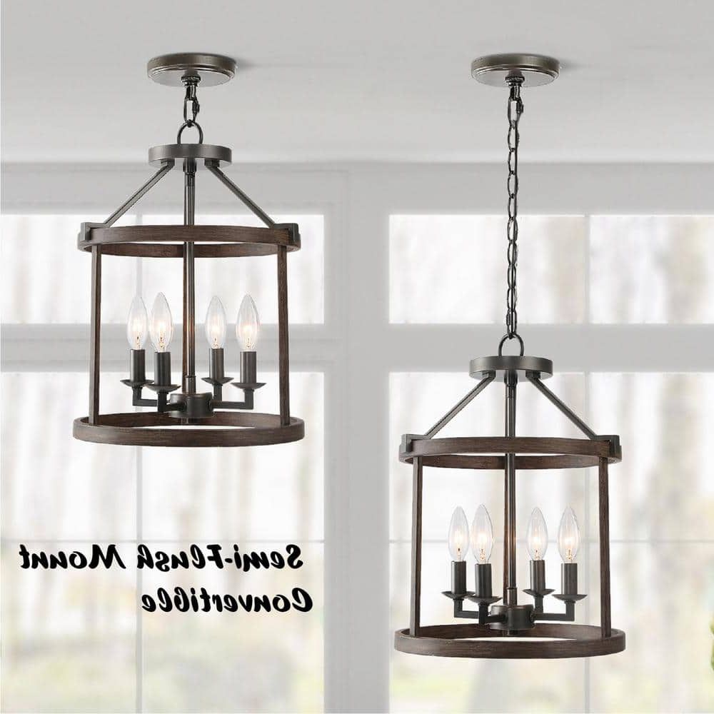 Lnc Farmhouse Dark Bronze Chandelier With Faux Wood Accents, 4 Light Island Lantern  Pendant Light For Kitchen Foyer Entryway Baziq2hd1340686 – The Home Depot With Current 28 Inch Lantern Chandeliers (View 9 of 10)