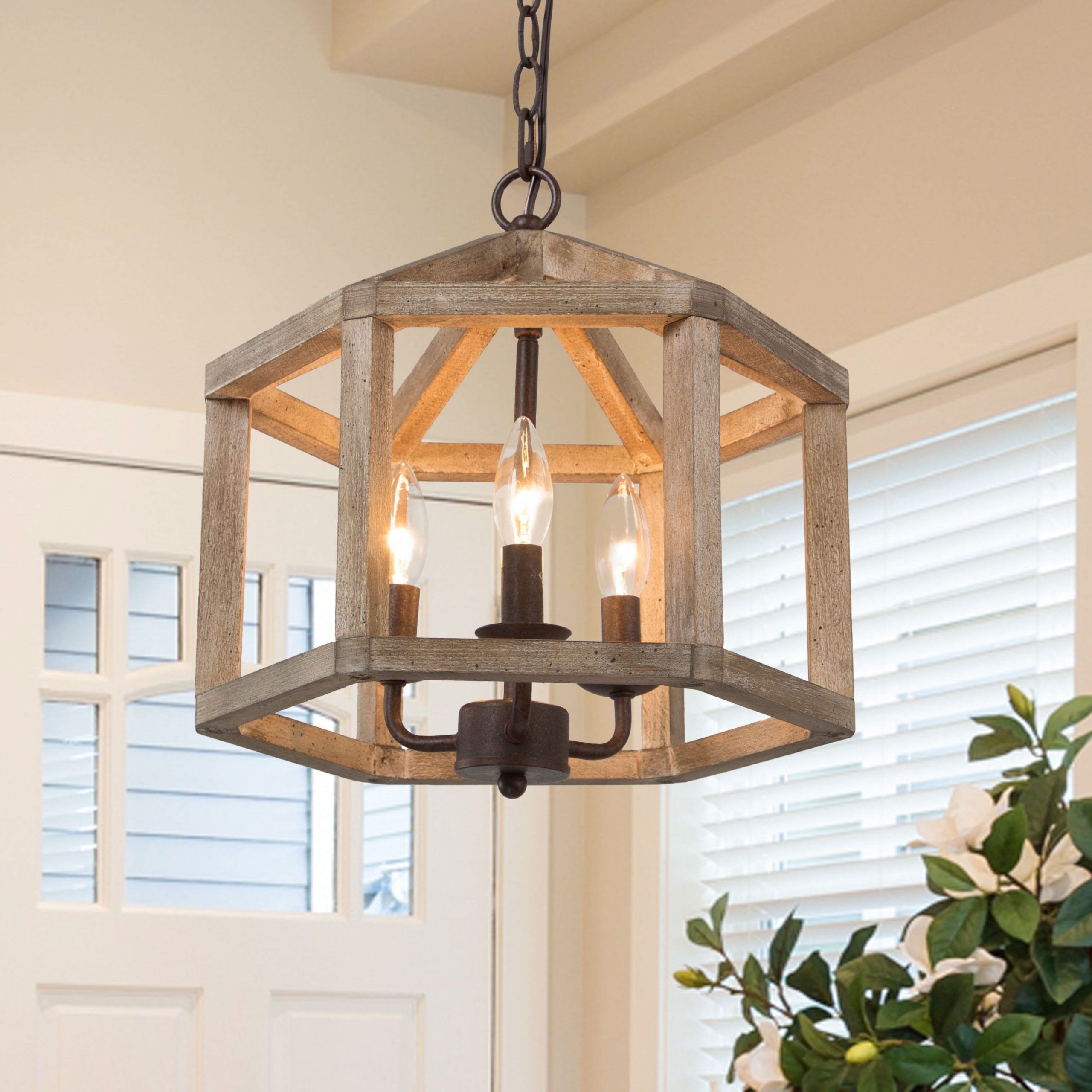 Lnc Quaint 3 Light Distressed Wood Brown And Rustic Bronze Drum Farmhouse  Cage Led Chandelier In The Chandeliers Department At Lowes Within Well Liked Distressed Oak Lantern Chandeliers (View 5 of 10)