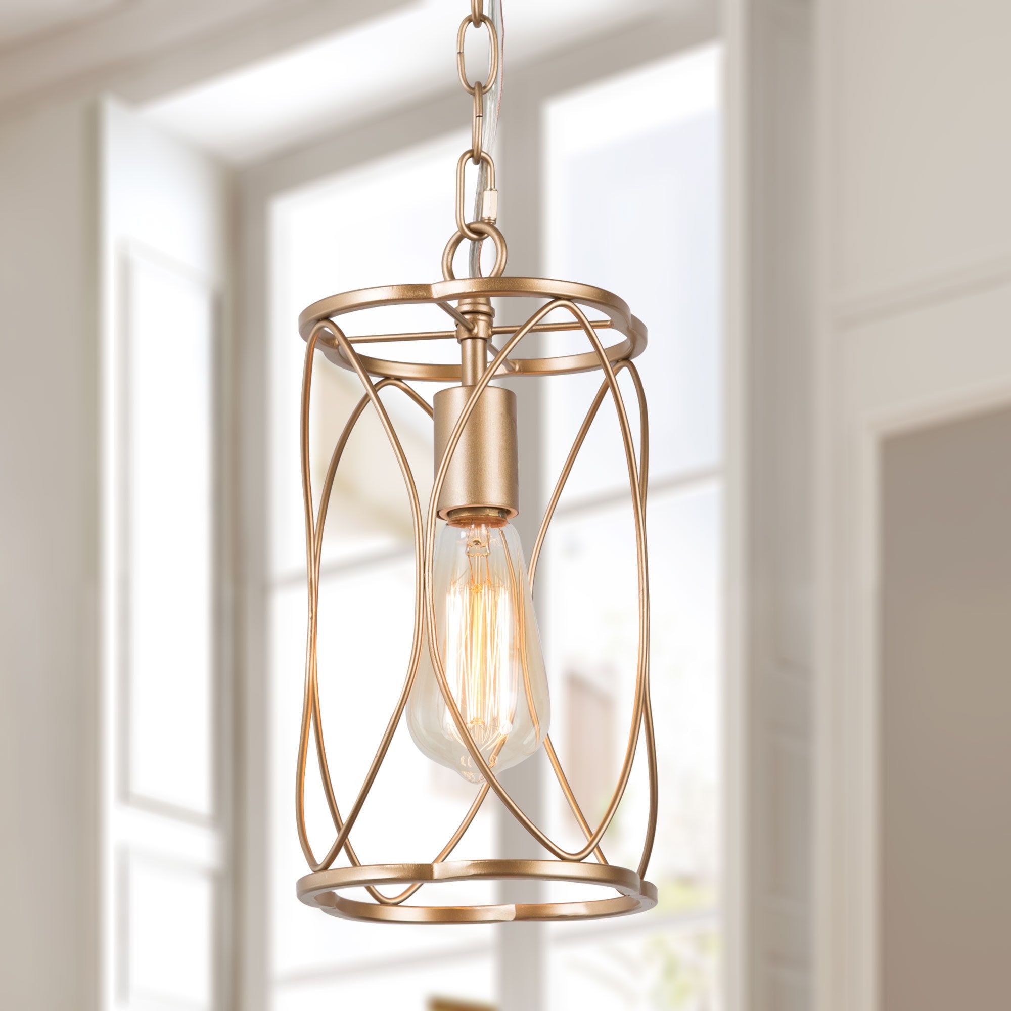 Lnc Trend Matte Champagne Gold Modern/contemporary Lantern Led Mini Pendant  Light At Lowes Inside Famous Brushed Champagne Lantern Chandeliers (View 4 of 10)