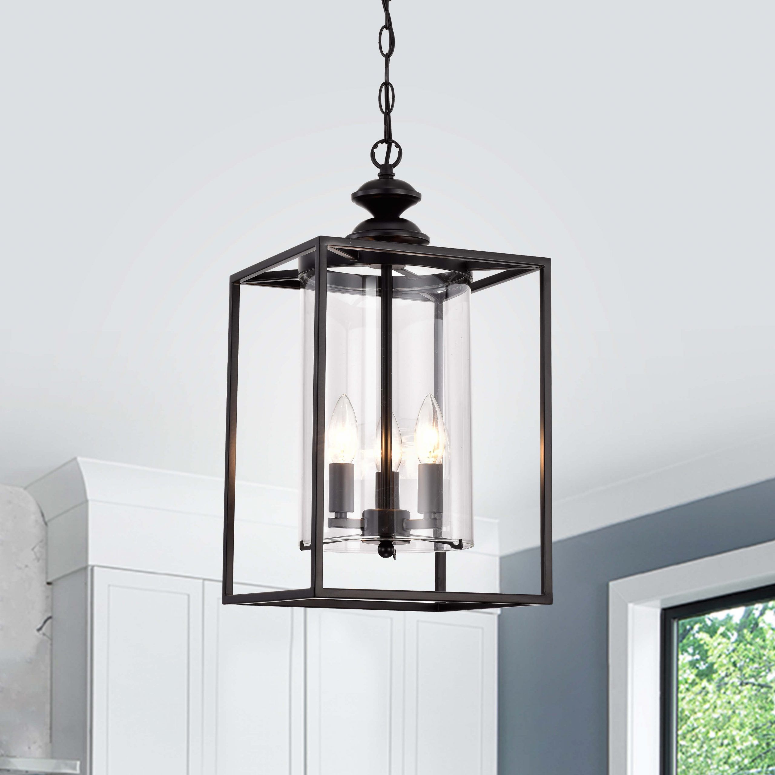 Marta Antique Black 3 Light Glass And Metal Lantern Pendant Chandelier – On  Sale – Overstock – 33590609 With Regard To Newest Black Iron Lantern Chandeliers (View 5 of 10)