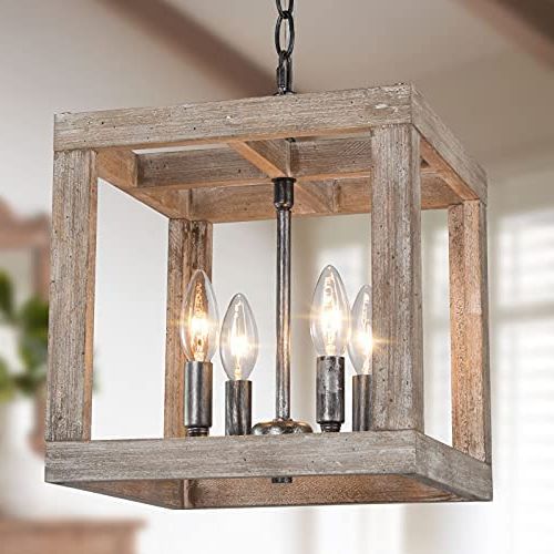 Most Current Farmhouse Chandelier For Dining Room, 4 Light Square Chandelier For  Entryway, Foyer Lighting With Weathered Brown Wood, 11'' W – – Amazon With Regard To Brown Wood Lantern Chandeliers (View 1 of 10)
