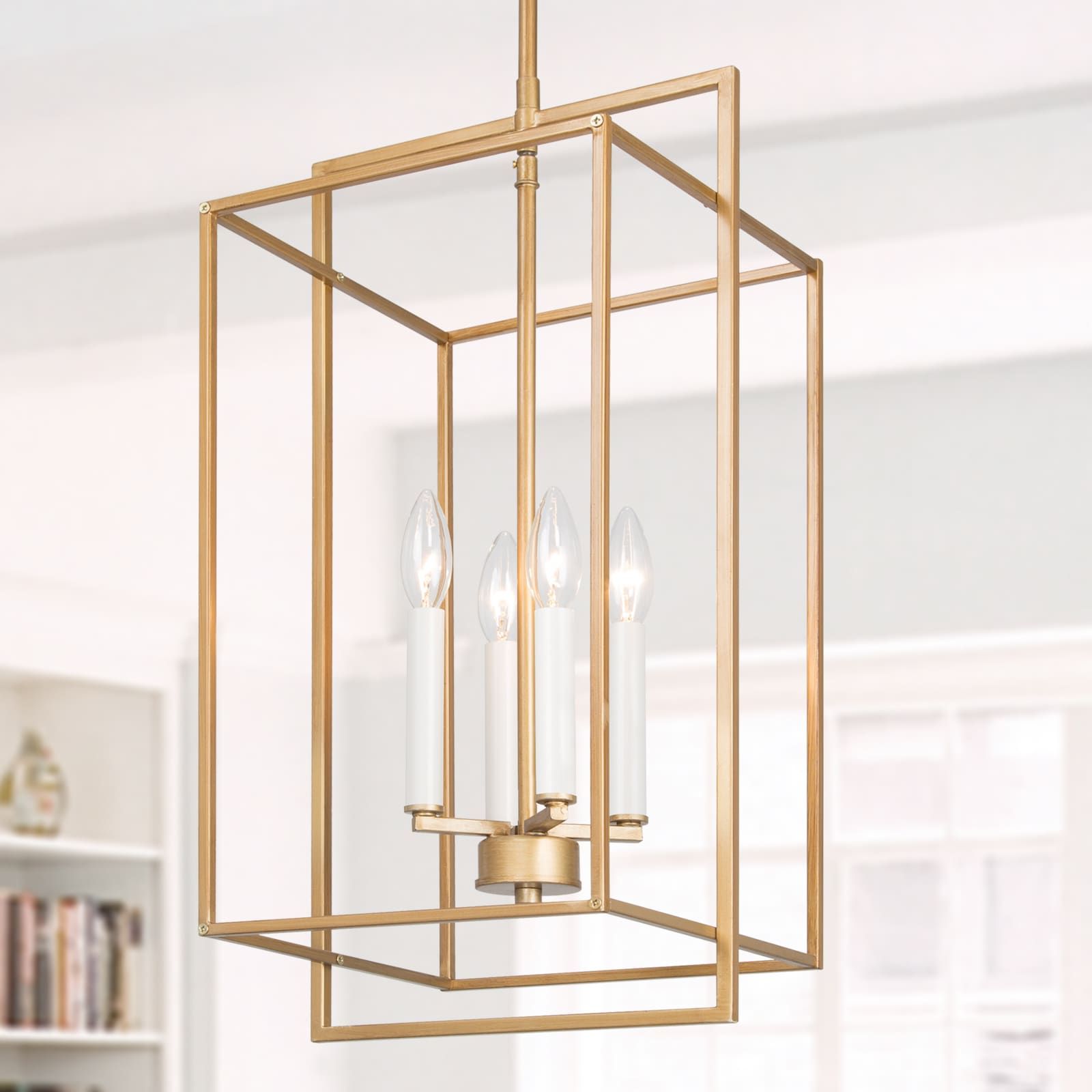 Most Recent White Gold Lantern Chandeliers Inside Lnc Ellan 4 Light Gold And White Candle Holder Modern/contemporary  Geometric Led Kitchen Island Light In The Pendant Lighting Department At  Lowes (View 10 of 10)