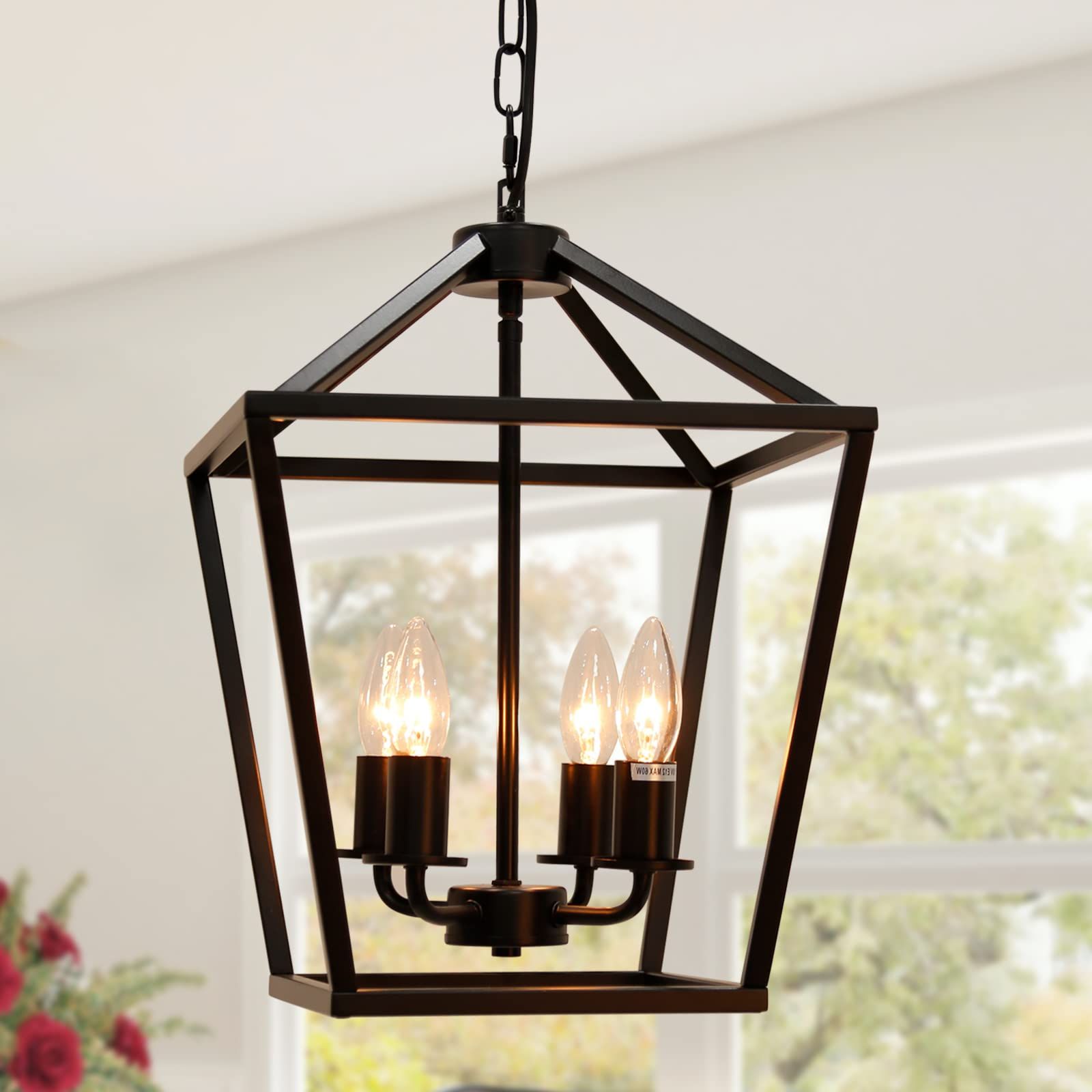 Most Up To Date 27 Inch Lantern Chandeliers Inside Telafly 4 Light Lantern Pendant Light,modern Industrial Black Cage  Farmhouse Chandelier For Kitchen Island,12'' Rustic Metal Hanging Lighting  Fixture For Dining Room Bedroom Foyer Entry Porch – – Amazon (View 7 of 10)