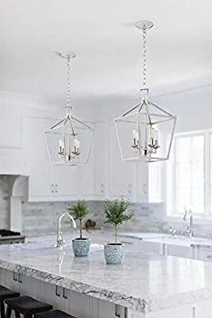 Motini 4 Light Silver Lantern Pendant Light Polished Nickel Finish Hanging  Light Fixture Geometric Chandelier With Adjustable Chain Metal Cage Pendant  Lighting For Kitchen Island Dining Room Foyer – – Amazon Inside Most Current Polished Nickel Lantern Chandeliers (View 5 of 10)