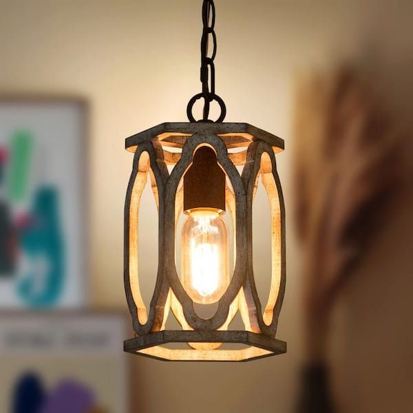 Newest Lnc Wood Lantern Pendant Light, 1 Light Brown Farmhouse Caged Chandelier  Drum Rustic Cylinder Island Pendant Light Ifruumhd1406177 – The Home Depot With Brown Wood Lantern Chandeliers (View 9 of 10)