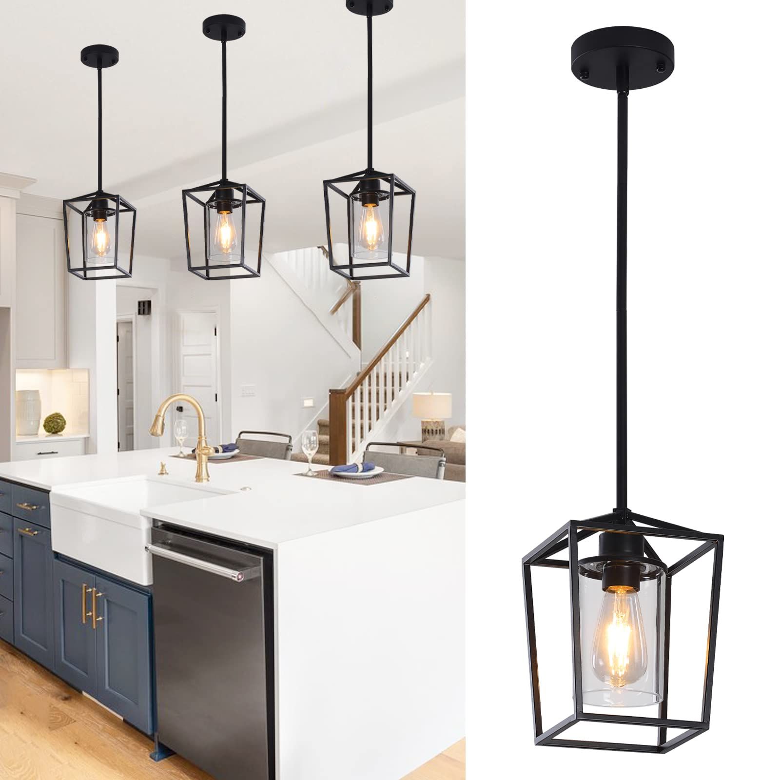 Pendant Lighting For Kitchen Island,black Iron Cage Farmhouse Metal Pendant  Light,adjustable Pole Metal Pole Chandelier With Glass Shade For Kitchen  Dining Entrance Hallway Light Fixtures (1 Light) – – Amazon Within Most Recently Released Cage Metal Shade Lantern Chandeliers (View 7 of 10)