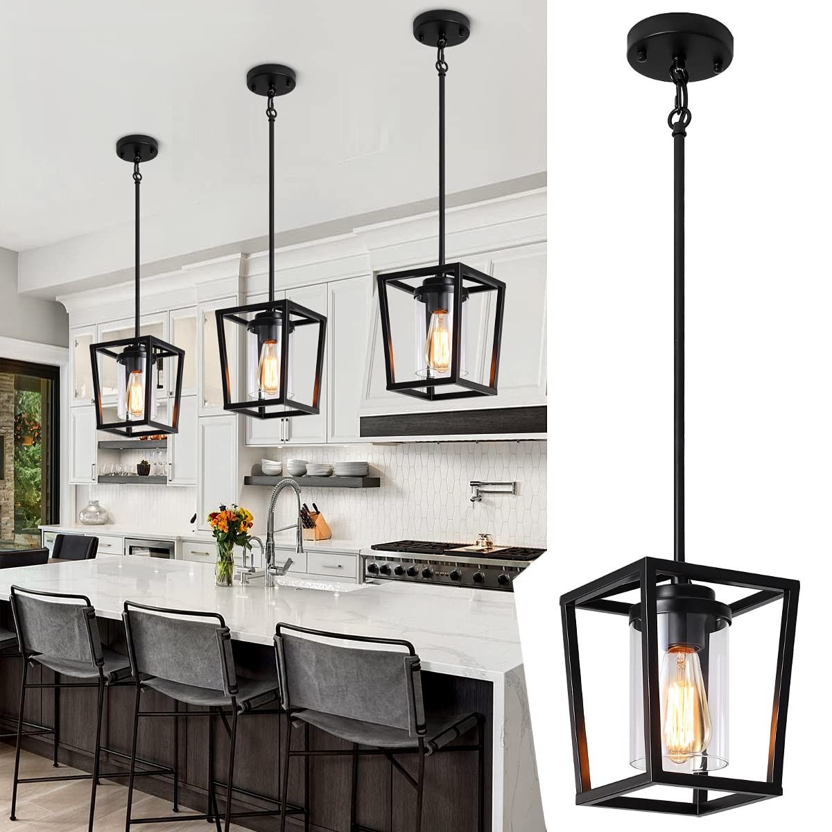 Popular Clear Glass Lantern Chandeliers Within Black Pendant Light For Kitchen Island, 1 Light Farmhouse Industrial Lantern  Pendant Light For Hallway Foyer Dinning Room With Clear Glass Shade,  Adjustable Height – – Amazon (View 9 of 10)