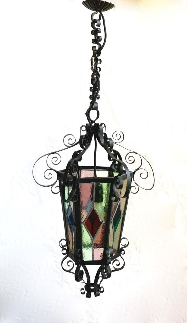 Preferred French Iron Lantern Chandeliers In Wrought Iron Lantern Chandelier With Leaded Glasses, 1950s (View 5 of 10)