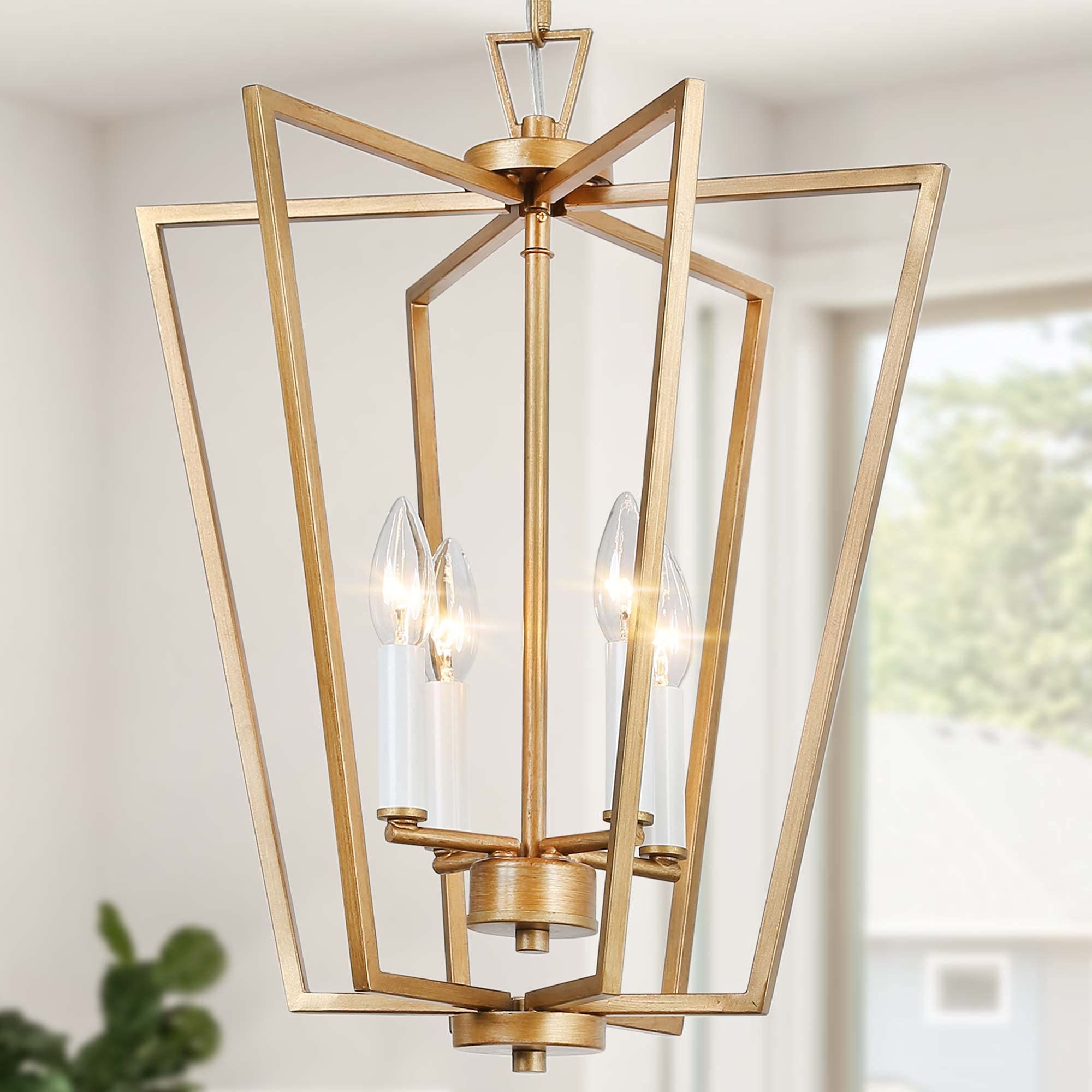 Rusty Gold Lantern Chandeliers Intended For Recent Gold Chandelier, 4 Light Modern Lantern Gold Pendant Light With Rotatable  Framework For Kitchen Island, Dining Room, Foyer And Entryway, Antique  Brushed Gold,  (View 3 of 10)