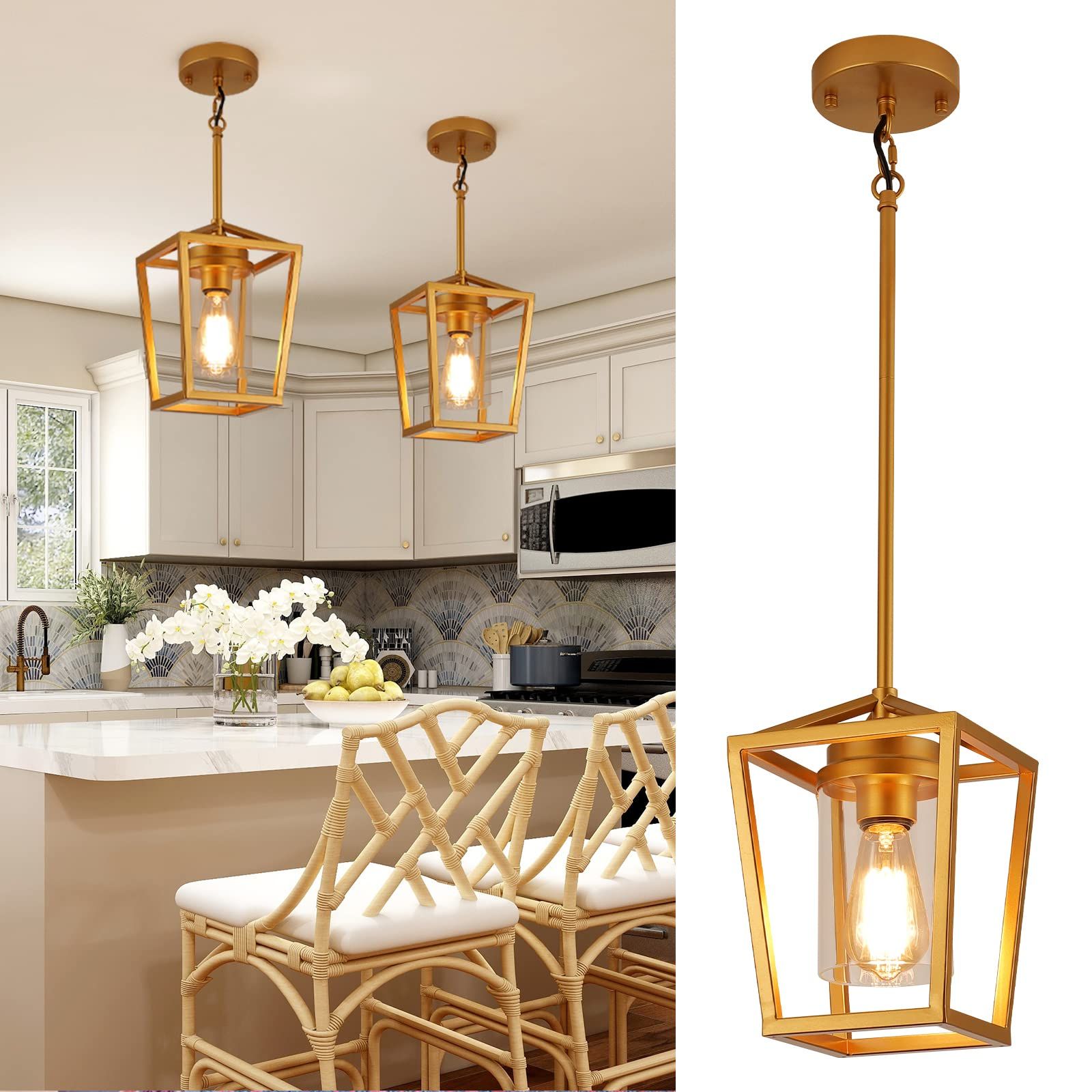 Sglfarmty 1 Light Gold Pendant Light, Farmhouse Cage Pendant Lighting  Fixture For Kitchen Island, Lantern Pendant Lights Brass Finish With Glass,  Modern Geometric Hanging Light For Foyer, Entryway – – Amazon With Famous One Light Lantern Chandeliers (View 6 of 10)