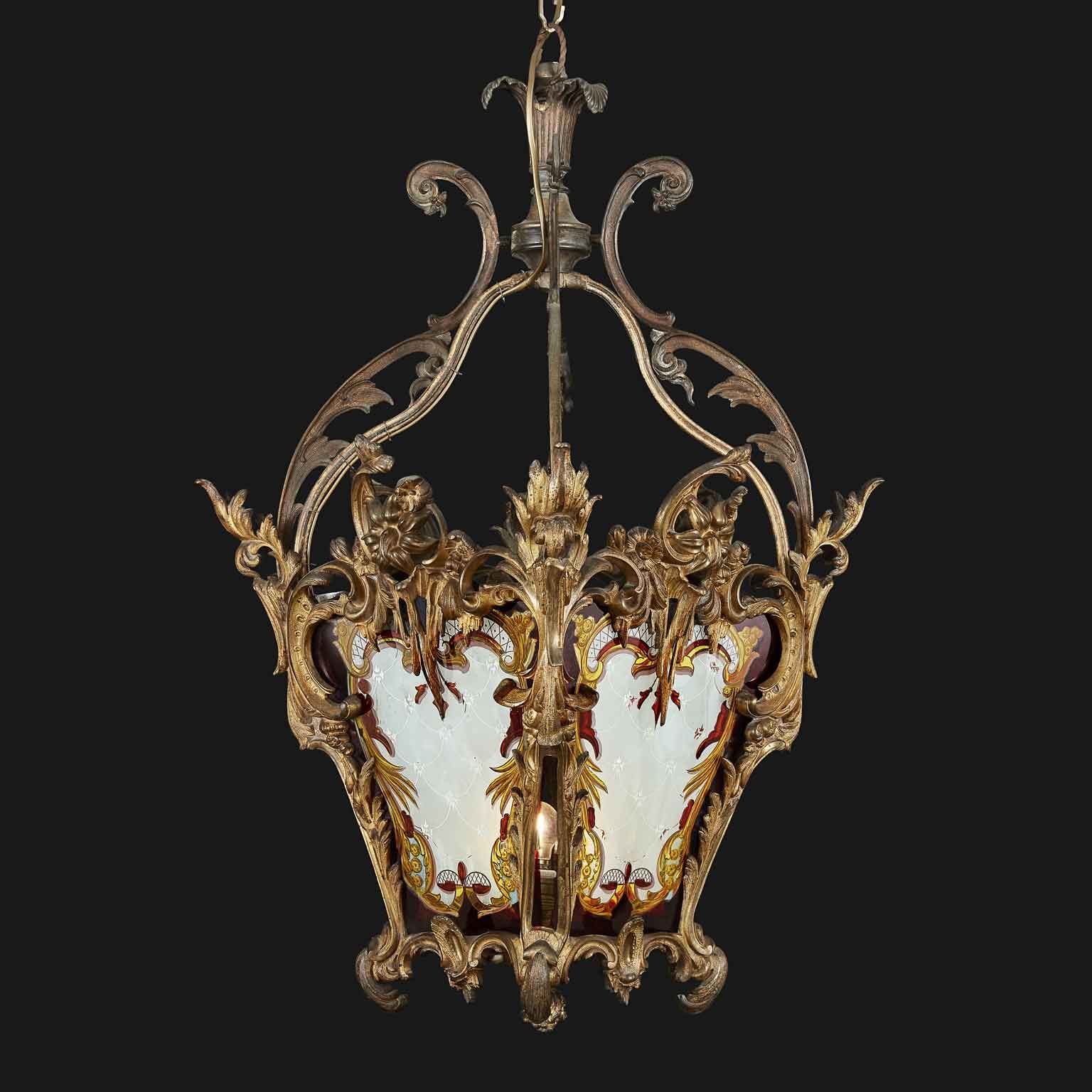 Trendy 19th Century Italian Gilt Bronze Rocaille Style Lantern With Lambrequin  Decorated Glasses With Antique Gild Lantern Chandeliers (View 4 of 10)