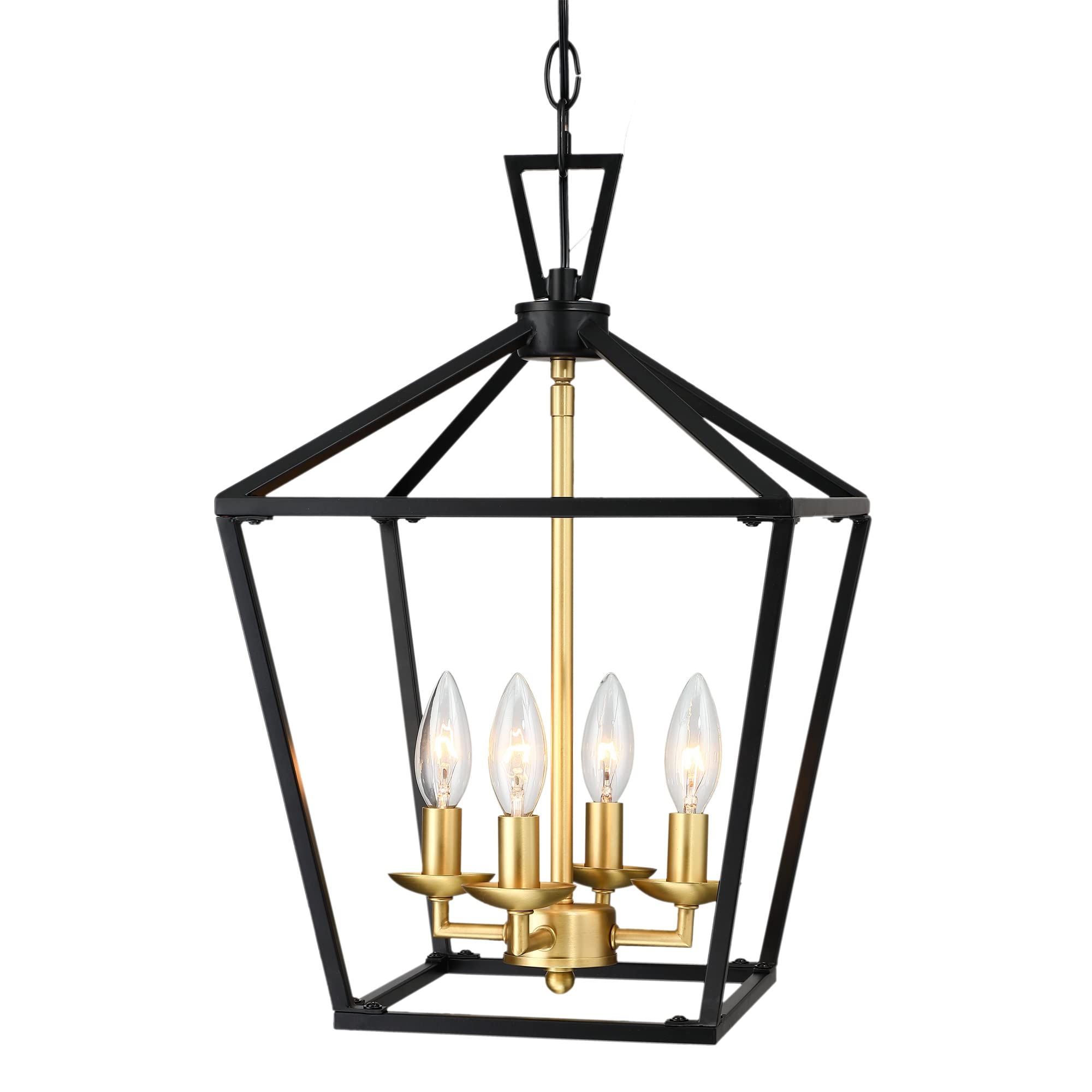 Untrammelife 4 Light Lantern Pendant Light Black And Gold Brushed Brass  Kitchen Pendant Light Modern Geometric Chandelier Adjustable Chain Cage  Hanging Pendant Light Fixture For Foyer Dining Room – – Amazon Intended For Trendy Adjustable Lantern Chandeliers (View 2 of 10)