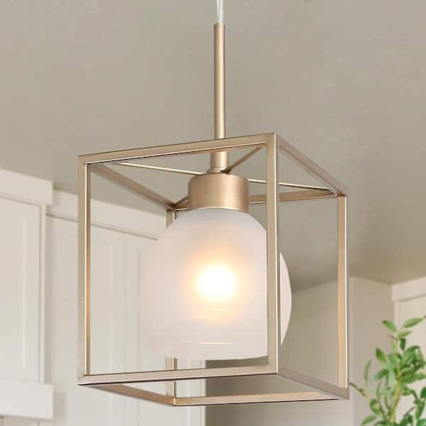 Uolfin Modern Lantern Island Pendant Light Eicy 1 Light Gold Cage Chandelier  Pendant Light With Frosted Glass Shade 276vmbhd243477n – The Home Depot Inside 2019 One Light Lantern Chandeliers (View 3 of 10)
