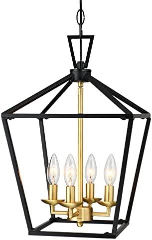 Well Known Untrammelife 4 Light Lantern Pendant Light Black And Gold Brushed Brass  Kitchen Pendant Light Modern Geometric Chandelier Adjustable Chain Cage  Hanging Pendant Light Fixture For Foyer Dining Room – – Amazon In Burnished Brass Lantern Chandeliers (View 9 of 10)