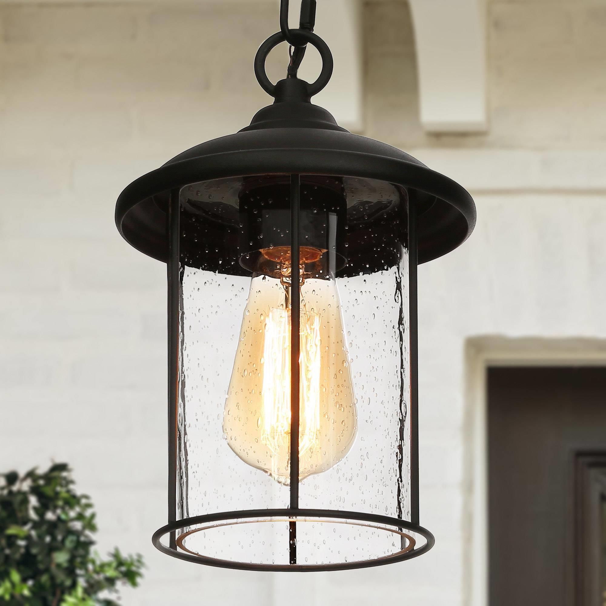 Well Known Uolfin Matte Black And Clear Seeded Glass Rustic Seeded Glass Lantern Mini  Outdoor Pendant Light In The Pendant Lighting Department At Lowes Within Seeded Clear Glass Lantern Chandeliers (View 8 of 10)