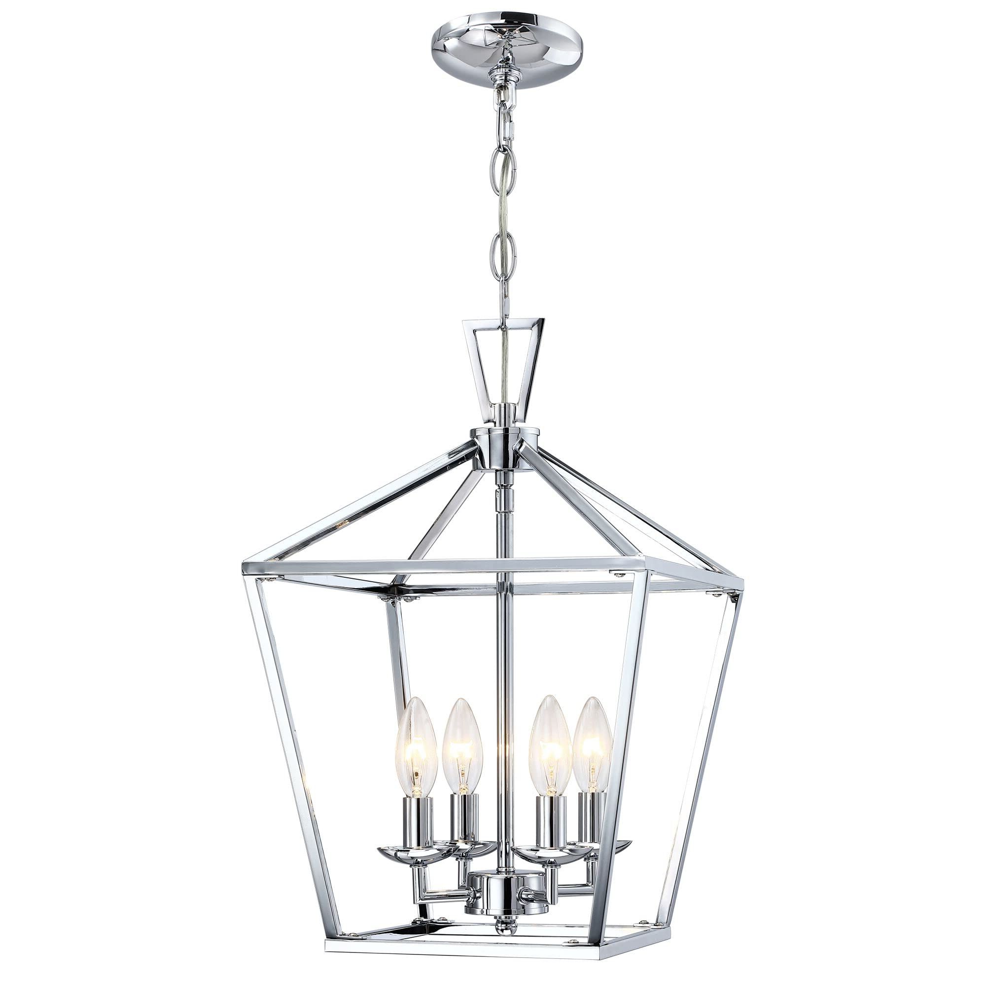 Well Liked Chrome Lantern Chandeliers With Regard To Untrammelife 4 Light Lantern Pendant Light Chrome Modern Hanging Pendant  Light Fixtures With Adjustable Chain Metal Cage Dimmable Geometric  Chandelier For Kitchen Island Foyer Hallway, 12inch – – Amazon (View 2 of 10)