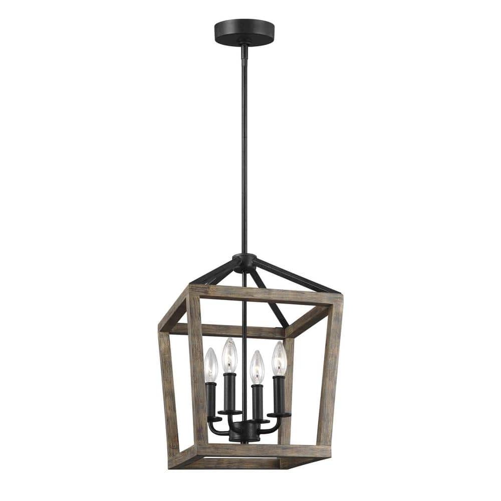 Well Liked Feiss Gannet 4 Light Weathered Oak Wood And Antique Forged Iron Rustic  Farmhouse Small Caged Hanging Candlestick Chandelier F3190/4wow/af – The  Home Depot Inside Weathered Oak Wood Lantern Chandeliers (View 1 of 10)